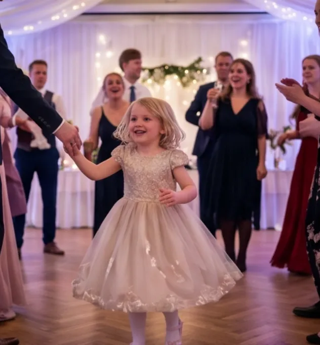 Liten brudepike som danser på dansegulvet