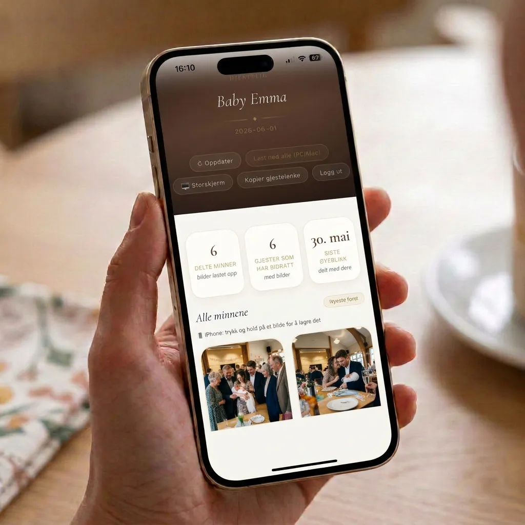 Smartphone displaying a digital christening photo album with uploaded photos, guest book, quiz and memories organised in a private dashboard.