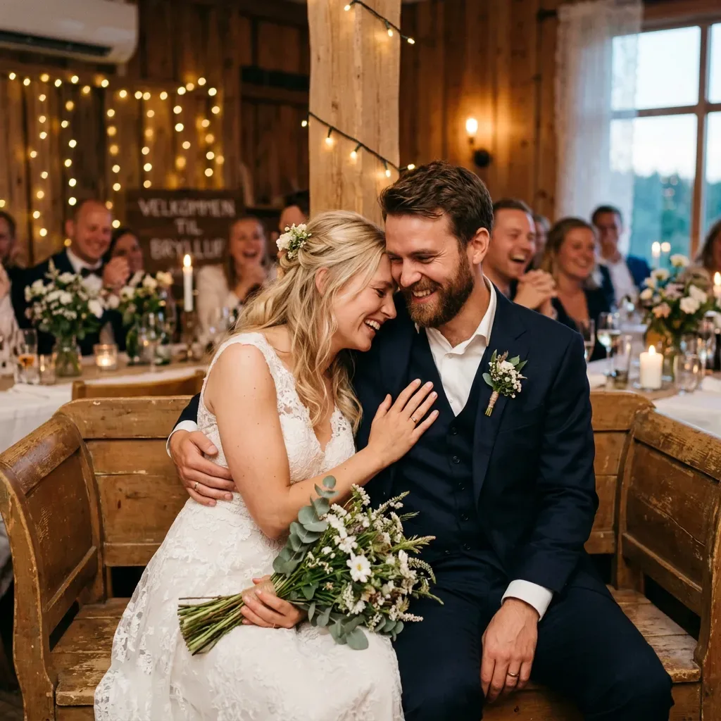 A bridal couple sitting and sharing a romantic moment.