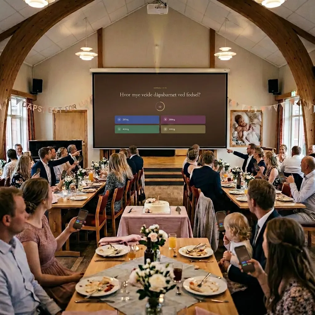 Wedding guests playing a quiz on the big screen and answering questions using their smartphones