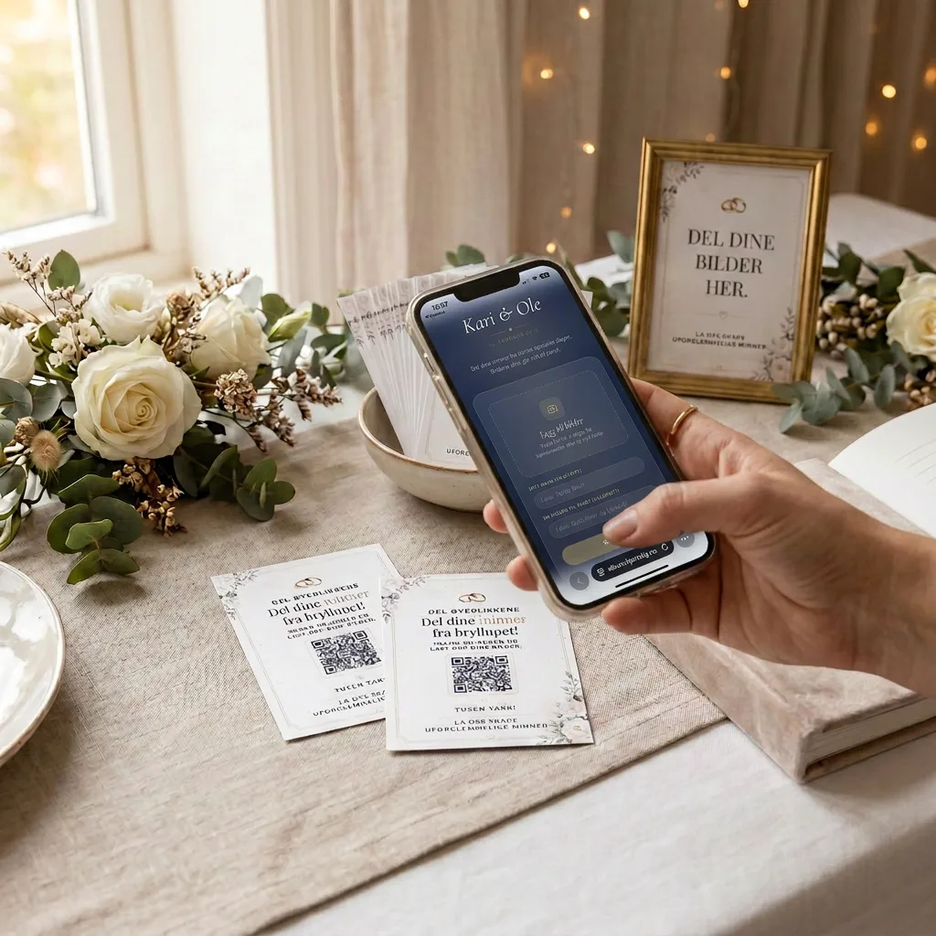 En telefon som har skannet qr koden på kortet og som skal laste opp bilder til brudeparet