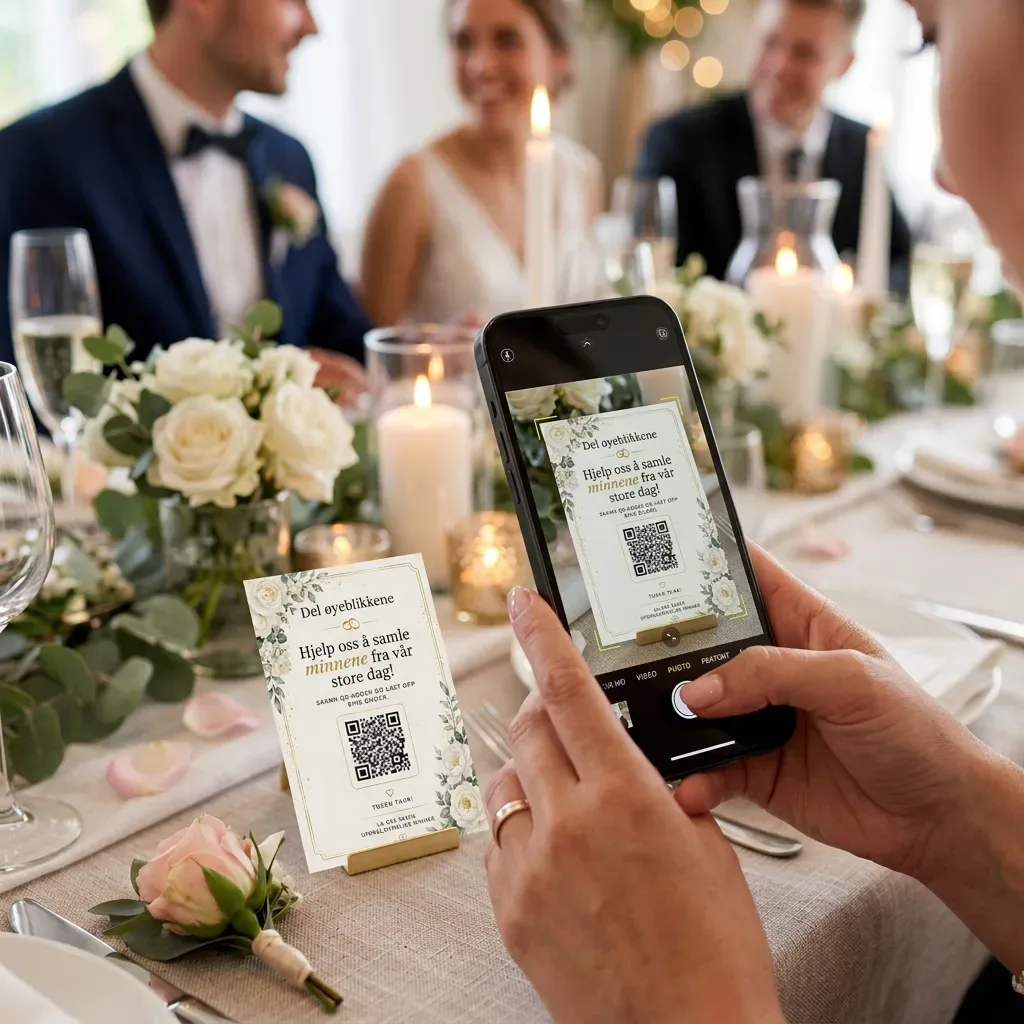 a phone that scans a QR code to upload photos to the bride and groom
