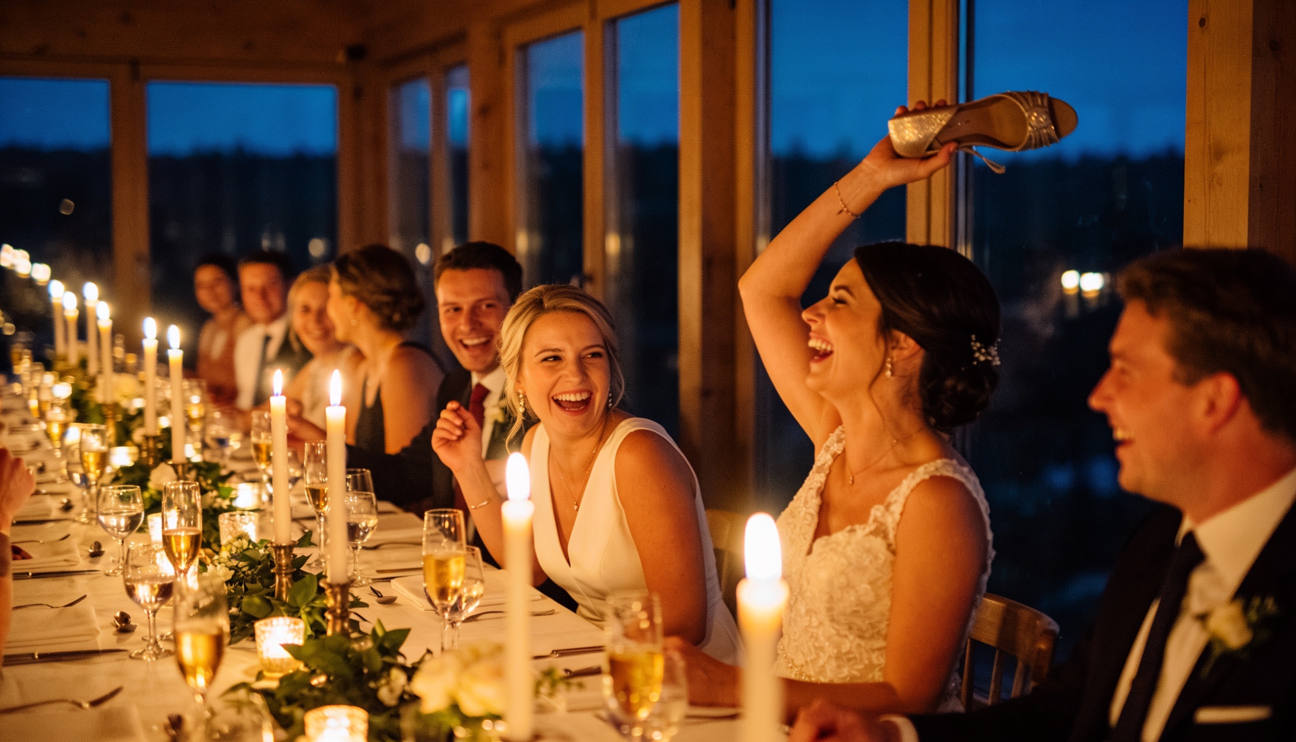 Bride holding up a shoe during the wedding shoe game while guests laugh at the reception table